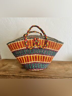 Woven Multicolor Straw Tote Bag Heart Handle